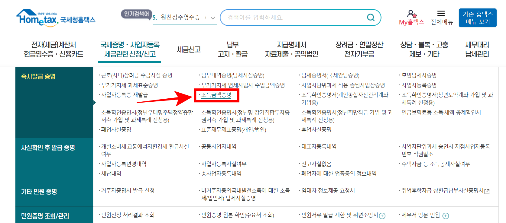 국세증명·사업자등록·세금관련 신청/신고 메뉴의 소득금액증명을 선택