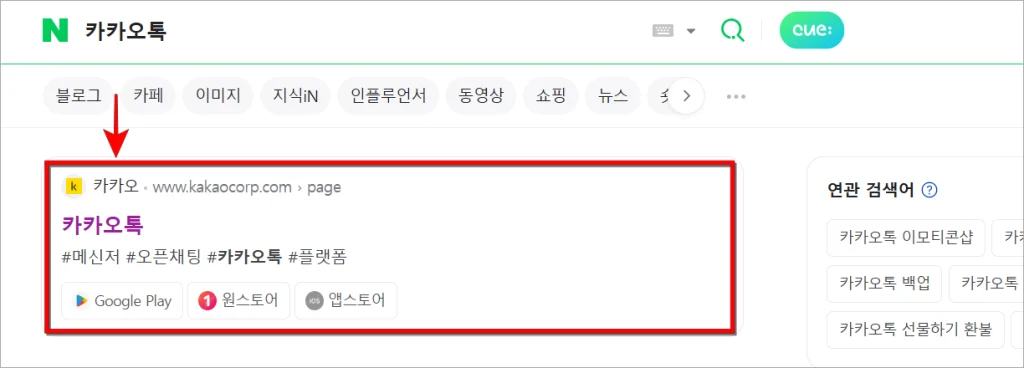 카카오톡을 포털 사이트에 검색하고, 검색 결과의 '카카오톡'을 선택하여 사이트에 접속