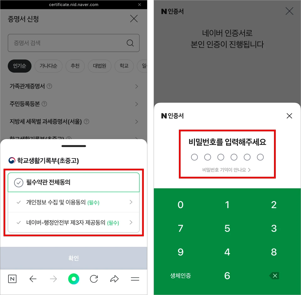 필수약관에 동의하고, 네이버 인증서의 비밀번호를 입력하여 본인인증을 진행