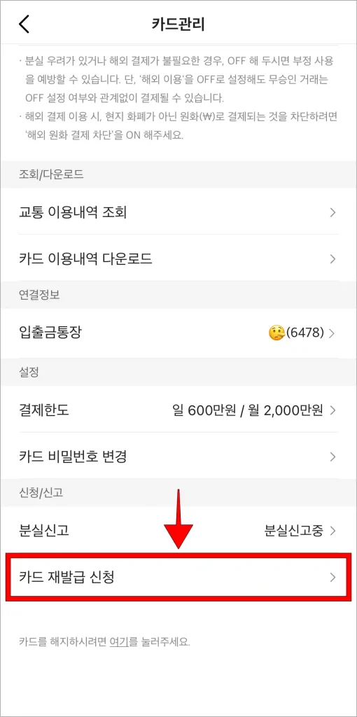 카드 관리에서 '재발급 신청'을 선택